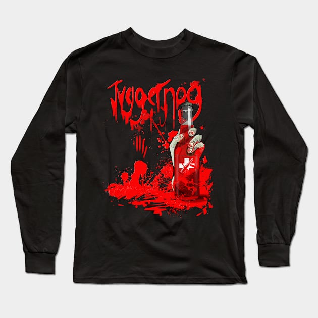 Zombie Hand Bloodied Juggernog on Charcoal Long Sleeve T-Shirt by LANStudios